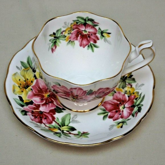 Queen Anne Fine Bone China England Pink & Yellow Azalea Footed Tea Cup & Saucer - Picture 5 of 14